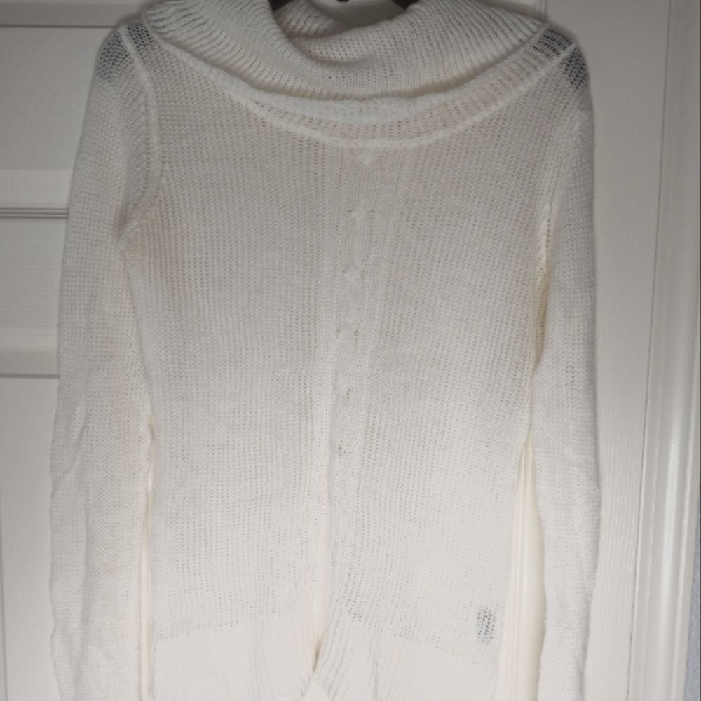 Unionbay L White Ramie Acrylic Sheer Knit Cable Lslvs CowlNeck Women's Sweater.